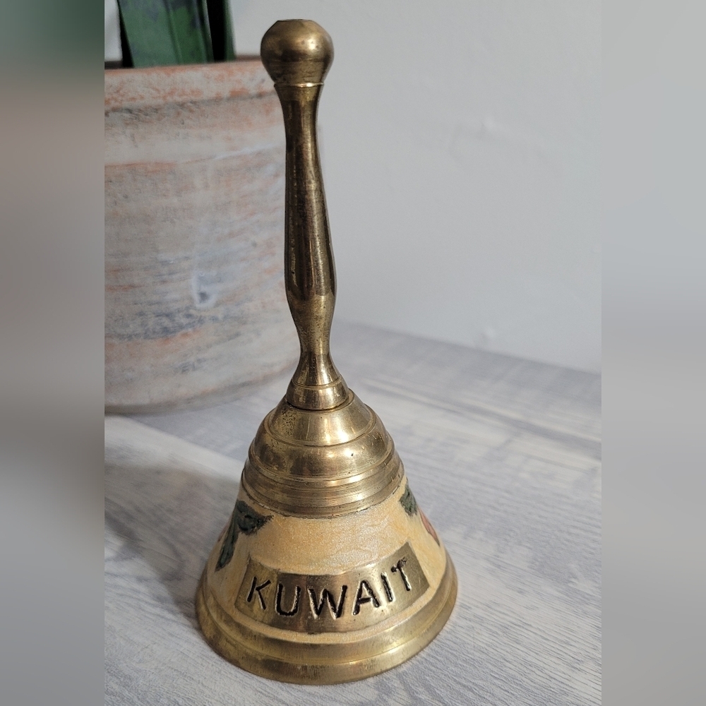Vintage Brass Souvenir Bell – Kuwait – Hand Painted Floral – Collectible Decor - Picture 1 of 5